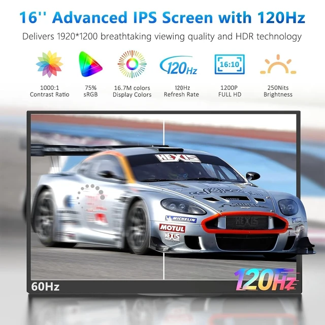 Alt view image 2 of 5 - RATEYUSO 16 Inch 120Hz Portable Gaming Monitor FHD 1200P IPS,USB-C&HDMI Travel External Monitor for Laptop Office Multi-Screen Work