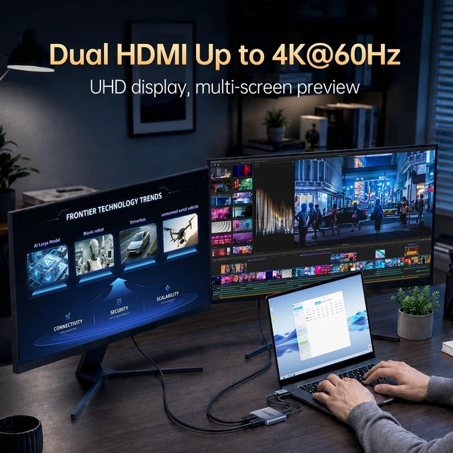 Alt view image 3 of 5 - DisplayPort to Dual HDMI Adapter 4K60Hz Display DP 1.4 to 2 HDMI Monitor