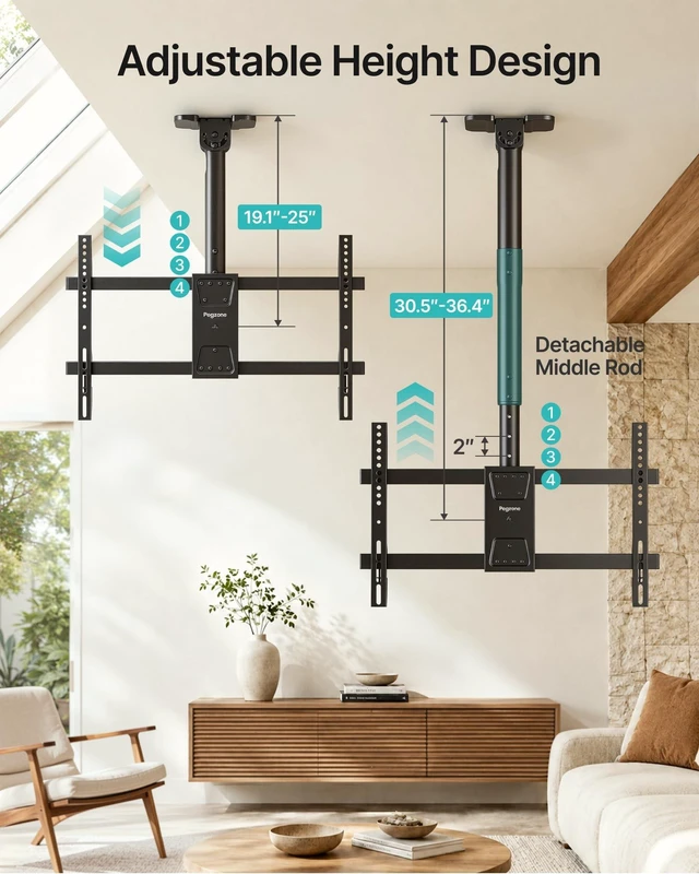 Alt view image 4 of 5 - PEGZONE Ceiling TV Mount for 43-86 Inch TVs, 19.1"-36.4" Height Adjustable