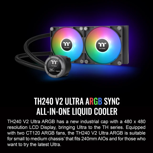 Alt view image 2 of 5 - Thermaltake TH240 V2 Ultra ARGB Sync/AlO Liquid Cooler/ARGB Fan 120 * 2/PWM 500~1500rpm/Water Block 2.1" LCD/Black, CL-W383-PL12SW-A