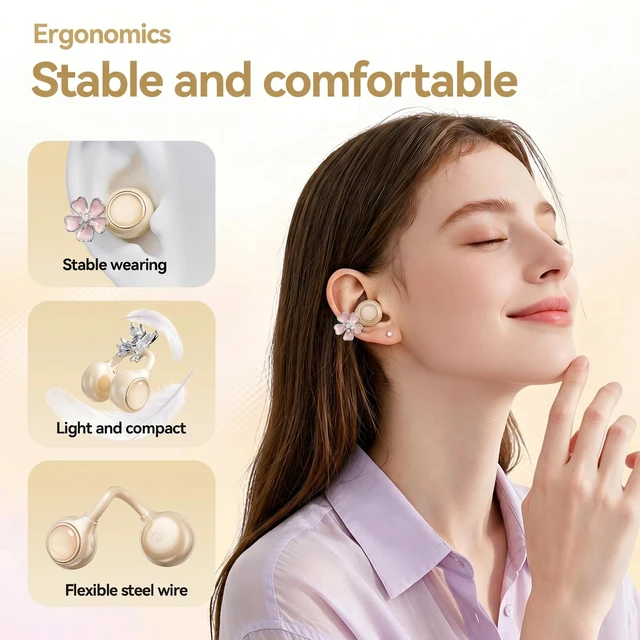 Alt view image 2 of 5 - xzqioue Open Ear Wireless Earbuds for Women with Makeup Mirror Charging Case, Clip-on Bluetooth 6.0 Headphones with Spatial Audio, Includes Flower & Butterfly Earrings, Long Battery Life