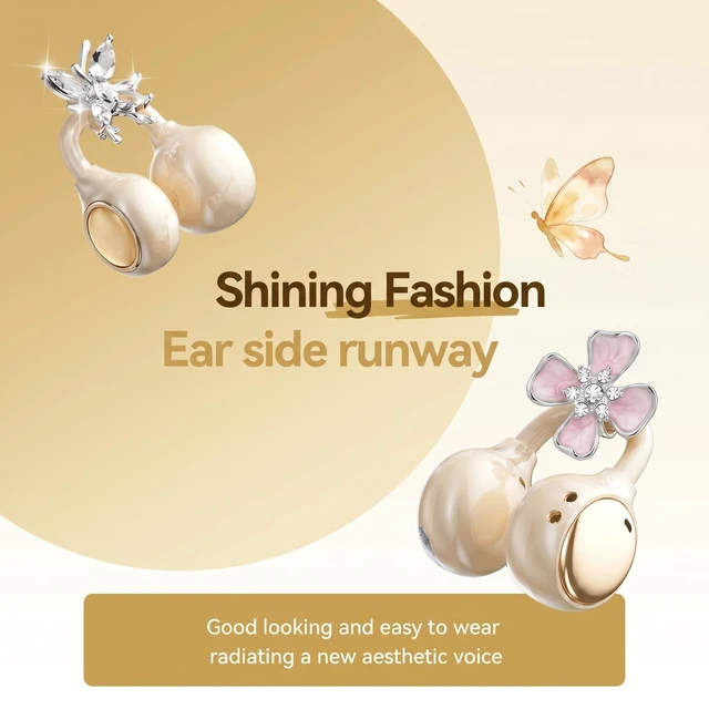 Alt view image 3 of 5 - xzqioue Open Ear Wireless Earbuds for Women with Makeup Mirror Charging Case, Clip-on Bluetooth 6.0 Headphones with Spatial Audio, Includes Flower & Butterfly Earrings, Long Battery Life