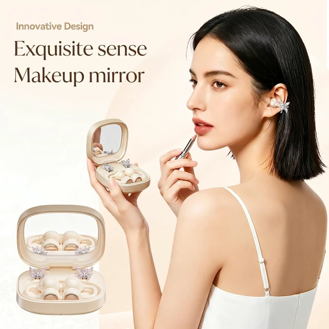 Alt view image 4 of 5 - xzqioue Open Ear Wireless Earbuds for Women with Makeup Mirror Charging Case, Clip-on Bluetooth 6.0 Headphones with Spatial Audio, Includes Flower & Butterfly Earrings, Long Battery Life