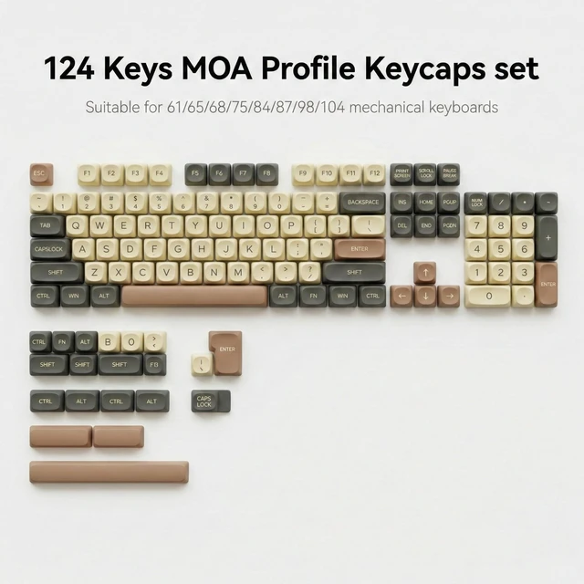 Alt view image 3 of 5 - Thyrnovyn 124 Keys PBT Keycaps, MOA Profile Retro Cream Beige Gray Custom Keycap Set for Mechanical Keyboards 60% 65% 75% 100% Layout (61/65/68/75/84/87/98/104), Morandi Minimalist Dye-Sublimation