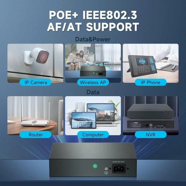 Alt view image 2 of 5 - Davuaz Gigabit PoE Switch mit 8 POE+ Port, 2 Gigabit Uplink Port und 1 SFP Port, IEEE802.3af/at konform, bis zu 120W, Metalldesign, ungemanaged Power Over Ethernet Switch