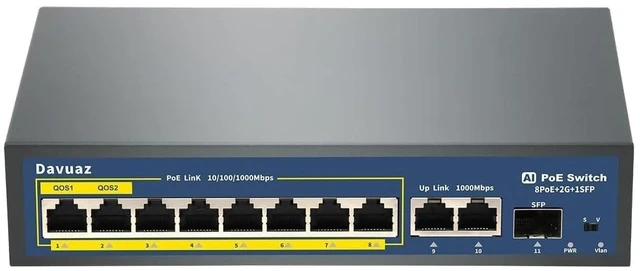 Main image of Davuaz Gigabit PoE Switch mit 8 POE+ Port, 2 Gigabit Uplink Port und 1 SFP Port, IEEE802.3af/at konform, bis zu 120W, Metalldesign, ungemanaged Power Over Ethernet Switch