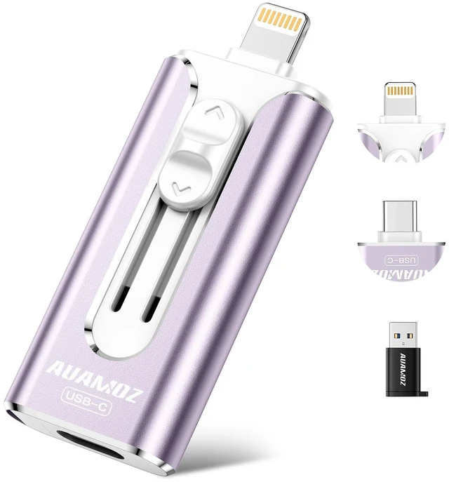 Main image of AUAMOZ 256GB Mini Dual Interface Flash Drive, No App Required, Portable Memory Stick Compatible with iPhone, iPad, Android & PC, Easy Storage for Photos, Videos & Files, Purple