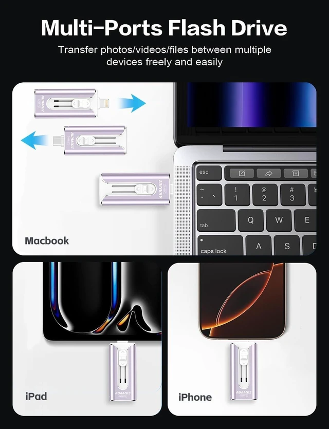 Alt view image 2 of 5 - AUAMOZ 256GB Mini Dual Interface Flash Drive, No App Required, Portable Memory Stick Compatible with iPhone, iPad, Android & PC, Easy Storage for Photos, Videos & Files, Purple