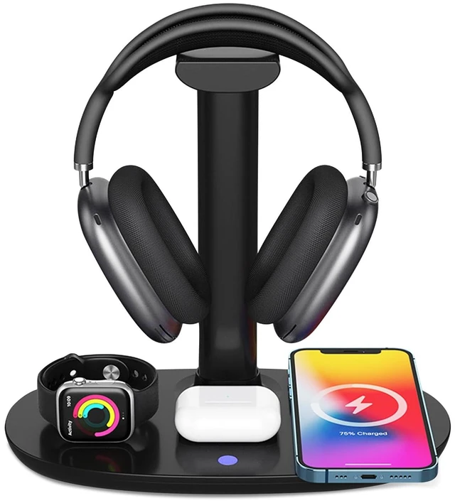 Main image of 4 in 1 Headphone Stand with 15w Charger, Qi Charging Station Headset Holder, Detachable Design, Headphone Stand for Travel, Home, Hotel
