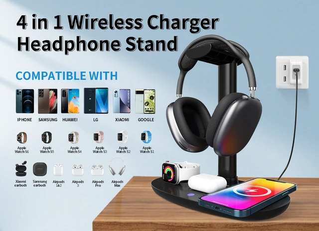Alt view image 2 of 5 - 4 in 1 Headphone Stand with 15w Charger, Qi Charging Station Headset Holder, Detachable Design, Headphone Stand for Travel, Home, Hotel
