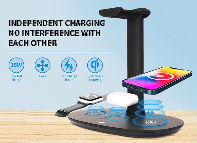 Alt view image 3 of 5 - 4 in 1 Headphone Stand with 15w Charger, Qi Charging Station Headset Holder, Detachable Design, Headphone Stand for Travel, Home, Hotel