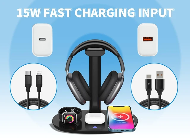 Alt view image 5 of 5 - 4 in 1 Headphone Stand with 15w Charger, Qi Charging Station Headset Holder, Detachable Design, Headphone Stand for Travel, Home, Hotel