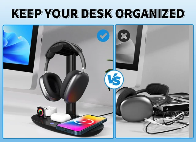 Alt view image 4 of 5 - 4 in 1 Headphone Stand with 15w Charger, Qi Charging Station Headset Holder, Detachable Design, Headphone Stand for Travel, Home, Hotel