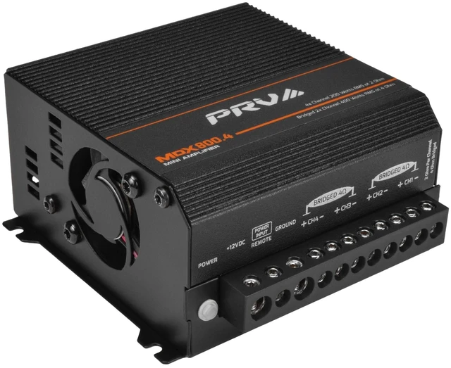 Main image of PRV Audio MDX800.4 2 Ohm Mini 4 Channel Car Audio Amplifier 4 x 200 Watts RMS at 2 Ohm - Compact 800x4 Amp Stereo, 800 Watts RMS, 2 Channel bridgedable, Multichannel Full Range