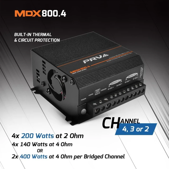 Alt view image 4 of 5 - PRV Audio MDX800.4 2 Ohm Mini 4 Channel Car Audio Amplifier 4 x 200 Watts RMS at 2 Ohm - Compact 800x4 Amp Stereo, 800 Watts RMS, 2 Channel bridgedable, Multichannel Full Range