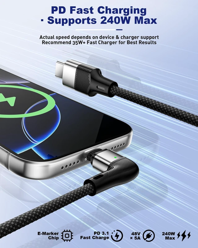 Alt view image 3 of 5 - USB C to USB C Magnetic Charging Cable 240W Right Angle USB C Cable 4FT+6FT