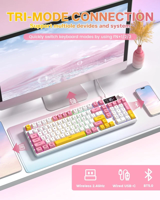 Alt view image 3 of 5 - Keymatic Gaming Keyboard Wireless Creamy Keyboard w/Media Knob&Screen