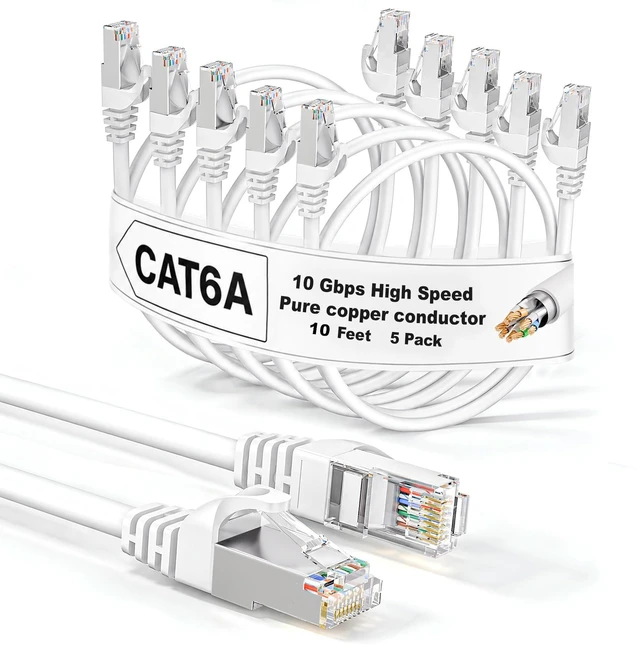 Main image of 5-Pack 10Gbps Shielded Cat 6A Ethernet Cable 10FT, Pure Copper Cat6A Cable