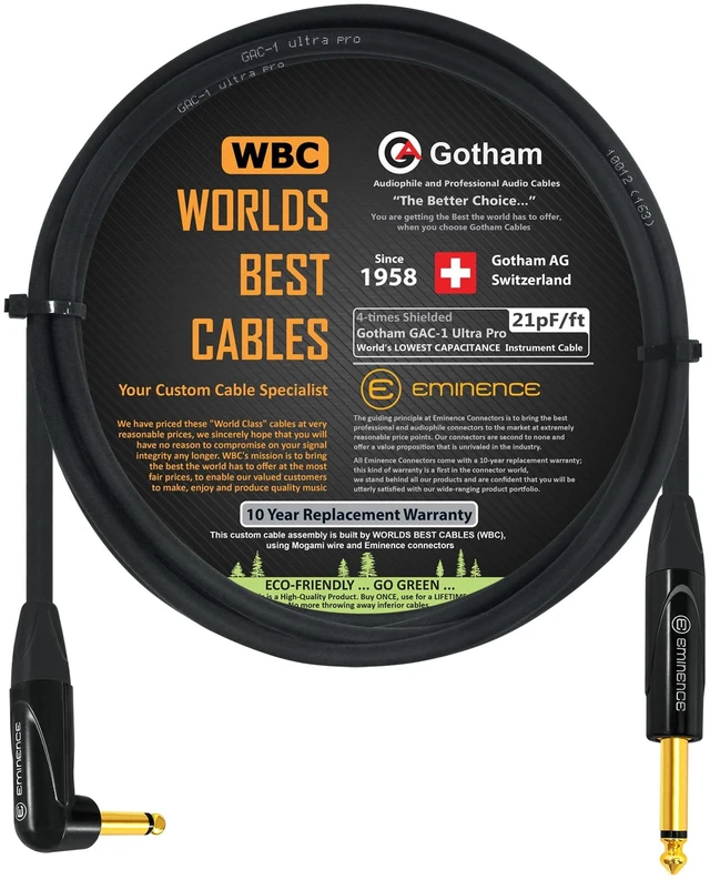 Main image of WORLDS BEST CABLES 2 Foot - Gotham GAC-1 Ultra Pro - Premium, Low-Capacitance Guitar Bass Instrument Cable - with Straight to Angled 1/4 Inch Eminence Gold Plated Connectors