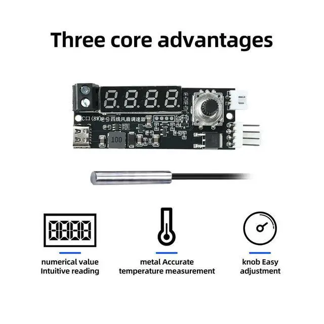 Alt view image 2 of 3 - 4 Wire Pwm Fan Temperature Governor Module DC 5V 12V Type C Supply Auto Linear Speed Adjustment Ntc Probe For Pc Aquarium