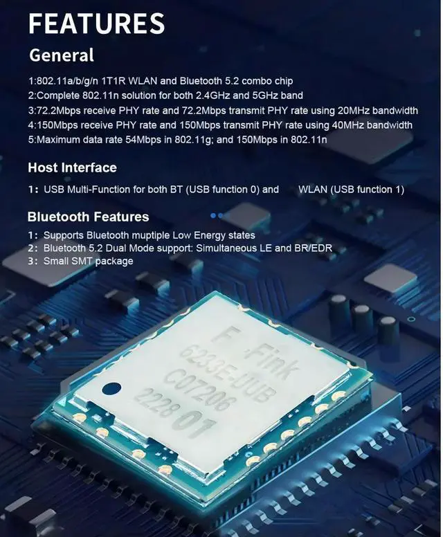 Alt view image 6 of 6 - Realte RTL8733BU and Ouzhiton FN-Lin 6233E-UUB dual-band Wi-Fi and Bluetooth 5.2 module