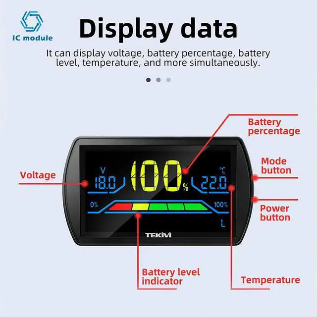 Alt view image 3 of 3 - Universal Monitor Volt Meter 7-100V LCD Display Power Level Indicator for Lithium Acid Batteries Electric Vehicles