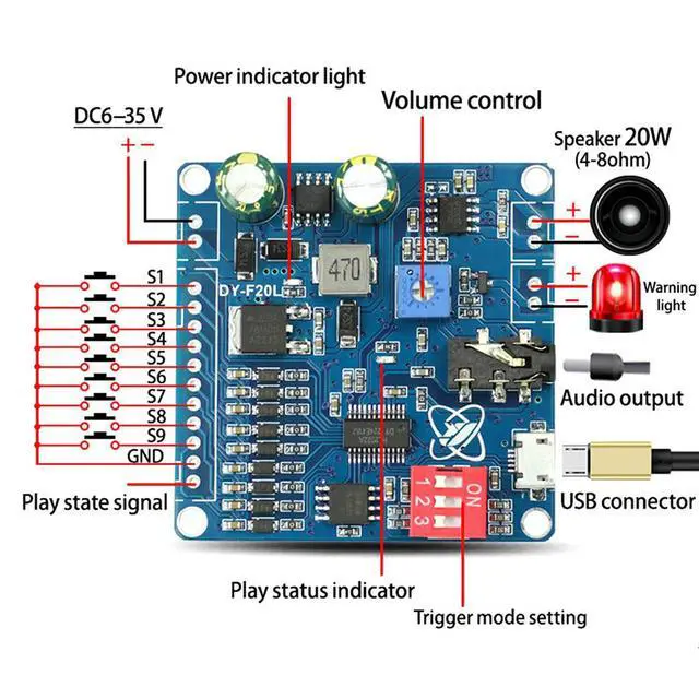 Alt view image 3 of 3 - DY-F20L 9 Channel Low Level Trigger Voice Module 6-35V Wide Voltage 20W D Class Amp 32Mbit Flash Micro USB for Exhibition