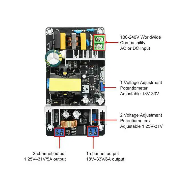 Alt view image 3 of 3 - AC 100-240V/DC 141-339V to 18-33V/1.25-31V Switch Power Supply 180W Power Module Buck Converter Dual output Electronic Kit