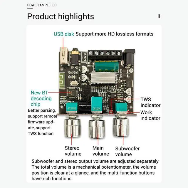 Alt view image 3 of 3 - ZK-LT23 2.1 Channel Bluetooth Audio Power Amplifier Board Module 50W+50W+100W Subwoofer Tws True Sound Amplifier Board