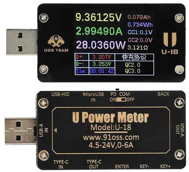 Main image of USB-A Current and Voltage Meter Ammeter Voltmeter Automatic Detector of QC/PD Trigger Fast Charger Protocol