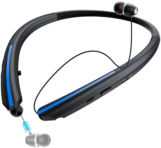 Main image of Neckband Retractable Bluetooth Headphones - Wireless Neck Earbuds with Retractable Design, 22 Hours Playtime, IPX5 Sweatproof, Dual Device Connection, Noise Cancelling for Work & SportsBlack Bl