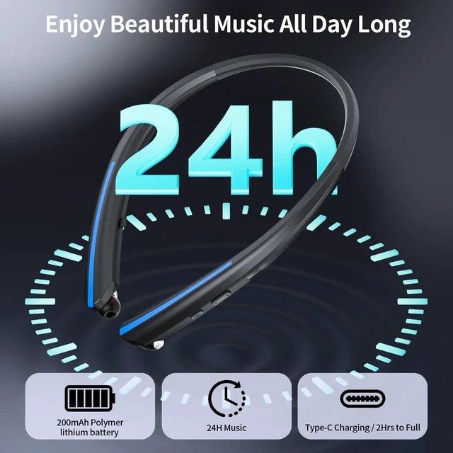 Alt view image 3 of 5 - Neckband Retractable Bluetooth Headphones - Wireless Neck Earbuds with Retractable Design, 22 Hours Playtime, IPX5 Sweatproof, Dual Device Connection, Noise Cancelling for Work & SportsBlack Bl