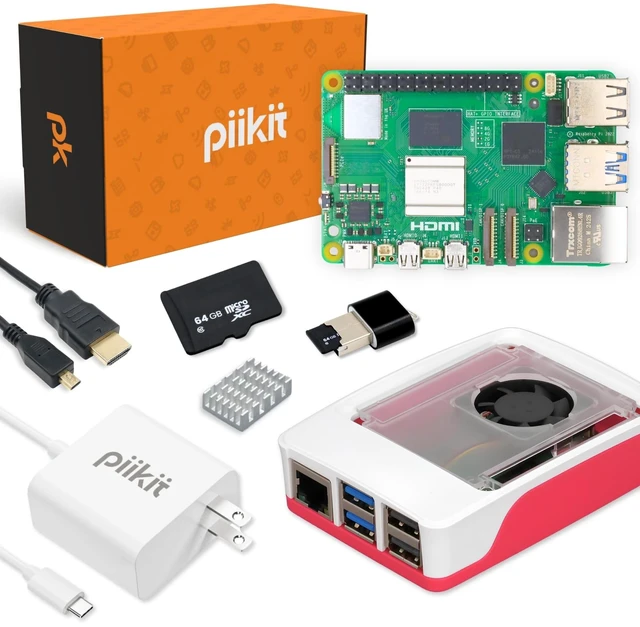 Main image of PiiKit Starter Kit for Raspberry Pi 5 4 GB ^^ 64 GB MicroSD Card ^^ 27 W Power Supply ^^ Case with Integrated Fan and Heat Sink ^^ 4K 60 Hz Micro-HDMI Cable