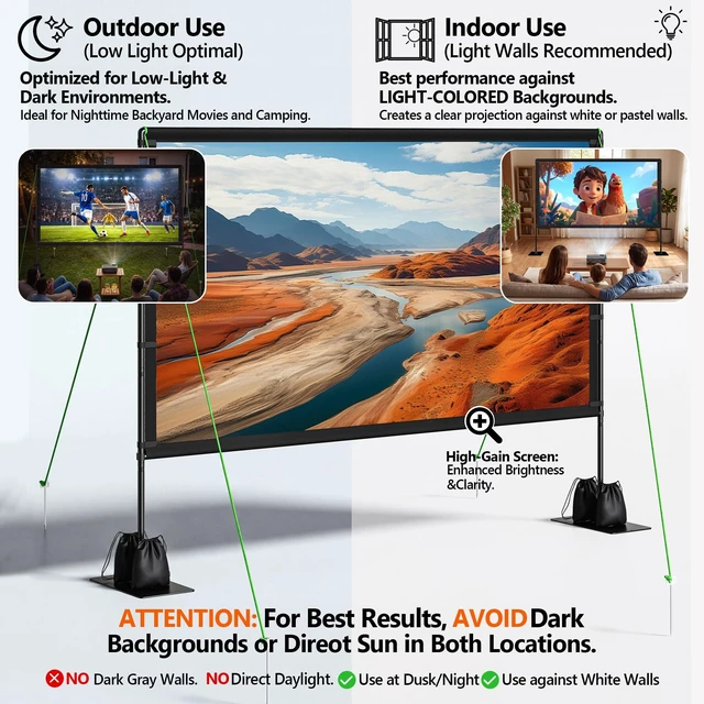 Alt view image 4 of 5 - Projector Screen with Stand, TWjouko 100in Projection Screen Outdoor for Backyard, Camping, Portable Movie Screen with Carry Bag for Travel, 16:9, Indoor Projector Screen