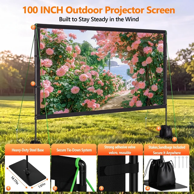 Alt view image 5 of 5 - Projector Screen with Stand, TWjouko 100in Projection Screen Outdoor for Backyard, Camping, Portable Movie Screen with Carry Bag for Travel, 16:9, Indoor Projector Screen