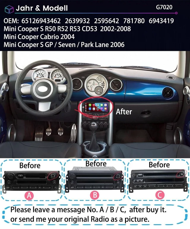 Alt view image 2 of 5 - Android 13 Car Stereo for Mini Cooper S R50 R52 R53 CD53 Cabrio GP/Seven/Park Lane, 6.9" Touchscreen with Wireless CarPlay & Android Auto, 2GB+32GB