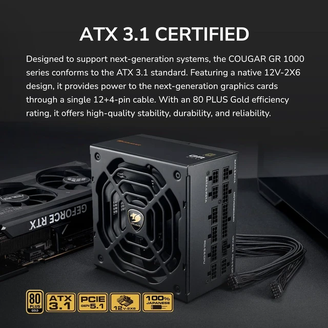Alt view image 3 of 5 - COUGAR GR1000W 1000W Power Supply - 80 Plus Gold, ATX 3.1 & PCIe 5.1 Ready