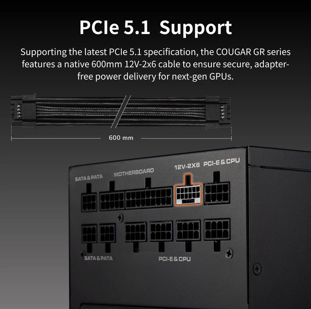 Alt view image 5 of 5 - COUGAR GR1000W 1000W Power Supply - 80 Plus Gold, ATX 3.1 & PCIe 5.1 Ready
