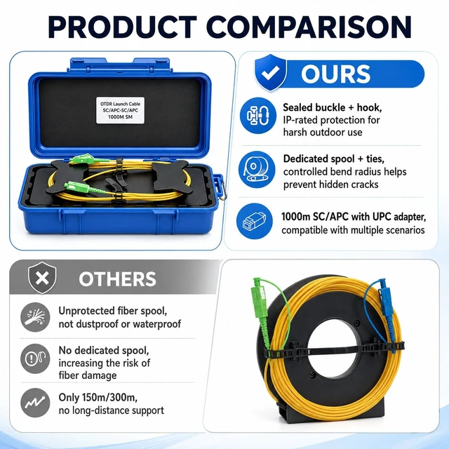 Alt view image 3 of 5 - groword 1KM OTDR Launch Cable SC/APC to SC/APC, with 2PCS APC-UPC Adapters, Attenuation Loss ~0.2 dB/km Single Mode Dead Zone Eliminator Cord, Fiber Optic Test Cable with Hard Protective Box