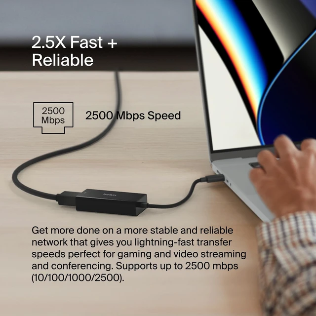 Alt view image 2 of 5 - Belkin USB Type C to 2.5 Gb Ethernet Adapter, USB-IF Certified Thunderbolt 3 & 4 / USB-C to LAN Network Adapter Compatible with MacBook Pro/Air, iPad Pro, XPS, Surface, and Other USB C Devices