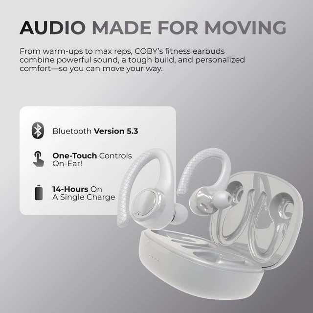 Alt view image 3 of 5 - Coby True Wireless Bluetooth Earbuds, Interchangeable Ear Hooks and Tips, Multi-Sized Ear Gels, Sweat-Resistant Design, 14-Hour Play Time, Drop-Proof Case, White