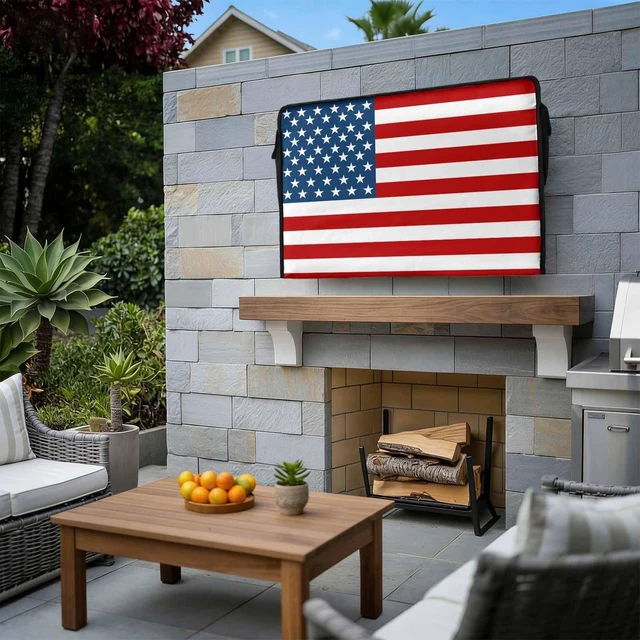 Alt view image 3 of 5 - LBCASA American Flag Outdoor TV Cover 60 to 65 Inch Weatherproof, Farmhouse US Flag 600D Oxford TV Covers with Waterproof Zipper, Red Stripes Outside Flat TV Screen Protector Size 58"W x 37"H x 4.5"D