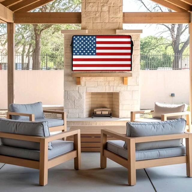 Alt view image 2 of 5 - LBCASA American Flag Outdoor TV Cover 60 to 65 Inch Weatherproof, Farmhouse US Flag 600D Oxford TV Covers with Waterproof Zipper, Red Stripes Outside Flat TV Screen Protector Size 58"W x 37"H x 4.5"D