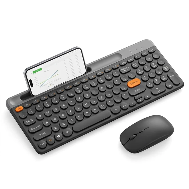 Main image of Bluetooth Keyboard Mouse Combo, Dual Multi-Device Wireless Keyboard with Phone Holder, Ultra-Compact 78-Key Layout, Quiet Keys & Rechargeable, for Windows PC Laptop (Black)