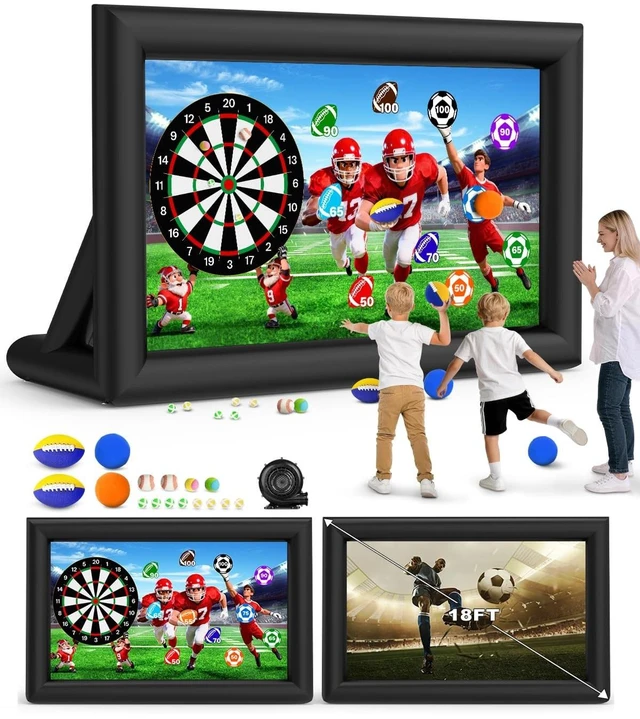 Main image of OWFUVO 3-in-1 18FT Inflatable Projector Screen - Outdoor Movie Screen, Dart Board and Football Target with 250W Blower, Front/Rear Screen for Celebration & Outside Movie Night