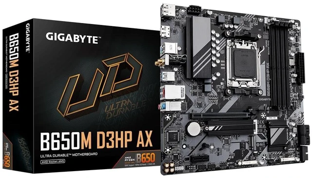 Main image of Gigabyte B650M D3HP AX Ultra Durable AMD AM5 Socket Motherboard, Micro-ATX, 4x DDR5 Slots, 2x M.2 Sockets, 2x USB-C Port, 2.5GbE LAN, Wi-Fi 6E, 2x DisplayPorts / 1x HDMI Port