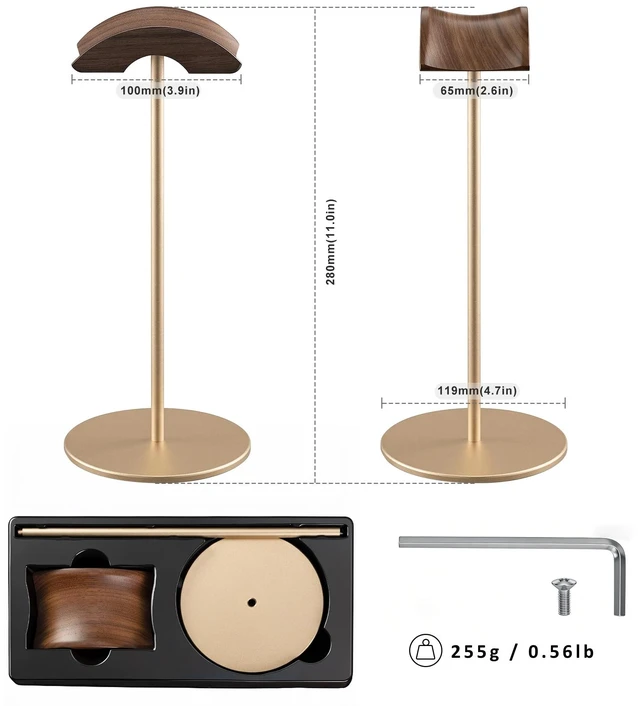 Alt view image 5 of 5 - QinCoon Headphone Stand, Walnut Wood & Aluminum Headset Stand, Nature Walnut Gaming Headset Holder with Solid Heavy Base for All Headphone Sizes (Gold)