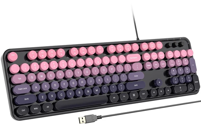 Main image of SQMD Wired Retro Keyboard, 104 Keys Full-Sized Typewriter Keyboards, Office Keyboard with Number Pad, Foldable Stands for Windows, PC, Laptop, Desktop (Plum Pink Gradient)