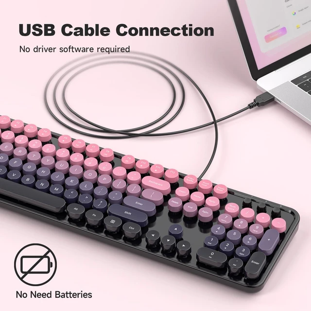 Alt view image 2 of 5 - SQMD Wired Retro Keyboard, 104 Keys Full-Sized Typewriter Keyboards, Office Keyboard with Number Pad, Foldable Stands for Windows, PC, Laptop, Desktop (Plum Pink Gradient)