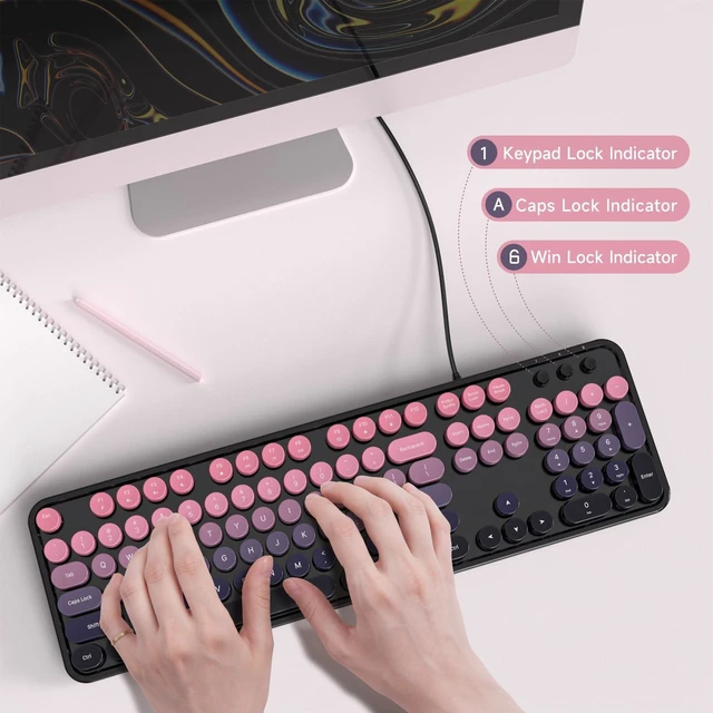 Alt view image 5 of 5 - SQMD Wired Retro Keyboard, 104 Keys Full-Sized Typewriter Keyboards, Office Keyboard with Number Pad, Foldable Stands for Windows, PC, Laptop, Desktop (Plum Pink Gradient)